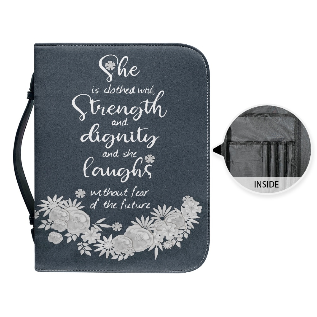Leather Bible Cover for Women - Engraved She Is Clothed with Strength and Dignity (Proverbs 31:25)