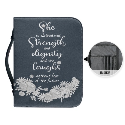 Leather Bible Cover for Women - Engraved She Is Clothed with Strength and Dignity (Proverbs 31:25)