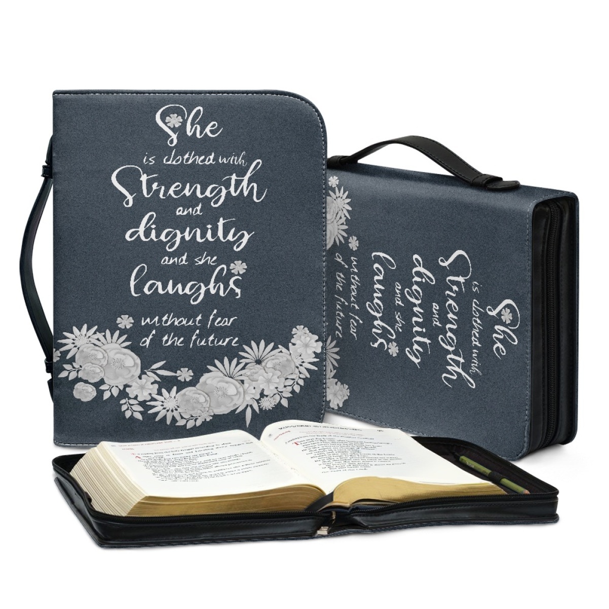 Leather Bible Cover for Women - Engraved She Is Clothed with Strength and Dignity (Proverbs 31:25)