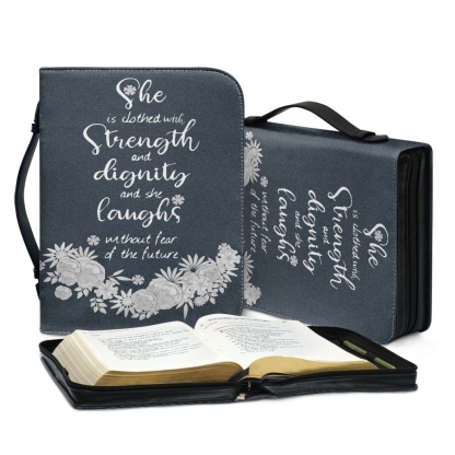 Leather Bible Cover for Women - Engraved She Is Clothed with Strength and Dignity (Proverbs 31:25)
