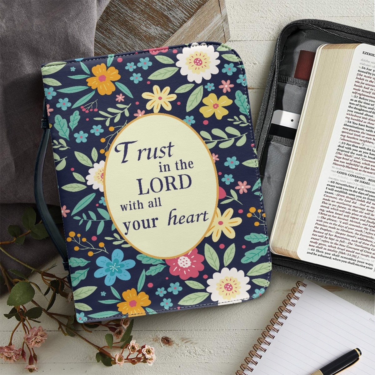 Leather Floral Bible Cover for Women - Engraved Trust in the Lord with All Your Heart (Proverbs 3:5)