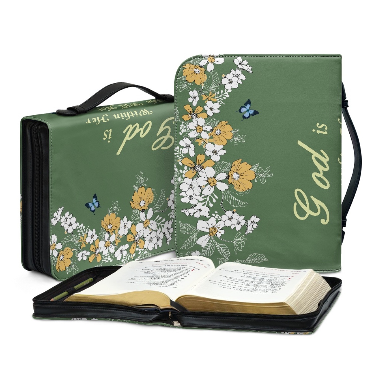 Leather Floral Bible Cover for Women - Engraved God Is Within Her (Psalm 46:5)
