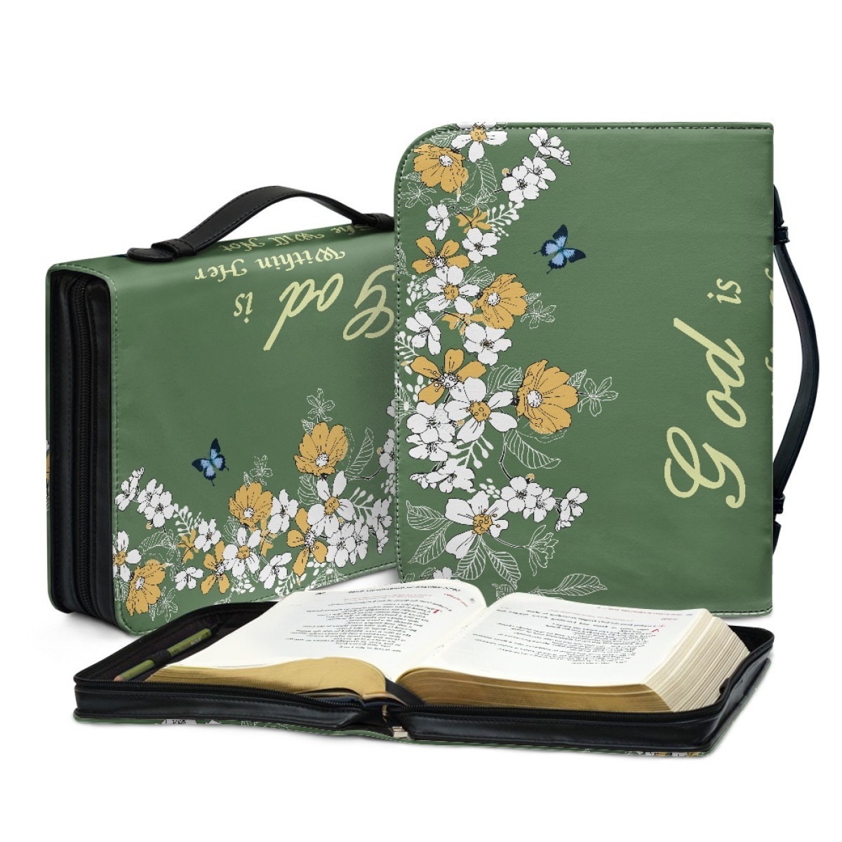 Leather Floral Bible Cover for Women - Engraved God Is Within Her (Psalm 46:5)