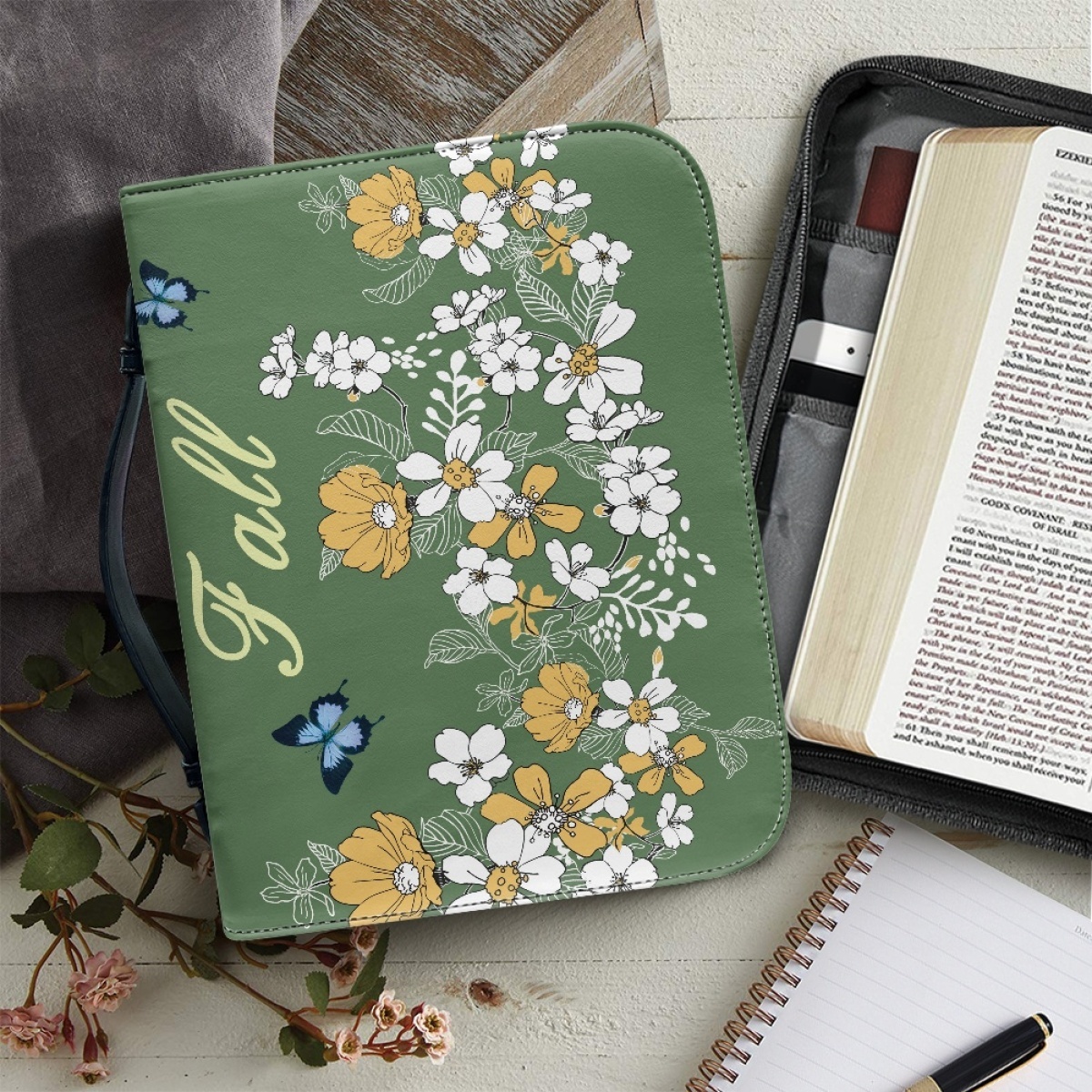 Leather Floral Bible Cover for Women - Engraved God Is Within Her (Psalm 46:5)