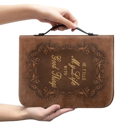 X Large Leather Bible Cover - Engraved He Fills My Life with Good Things (Psalm 103:5)