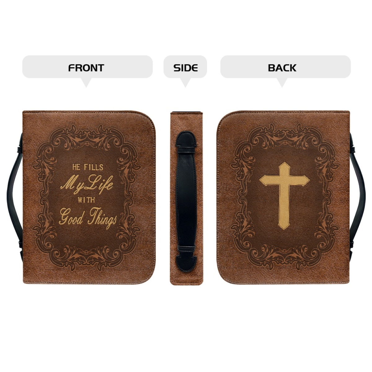 X Large Leather Bible Cover - Engraved He Fills My Life with Good Things (Psalm 103:5)