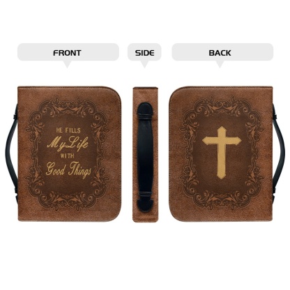 X Large Leather Bible Cover - Engraved He Fills My Life with Good Things (Psalm 103:5)