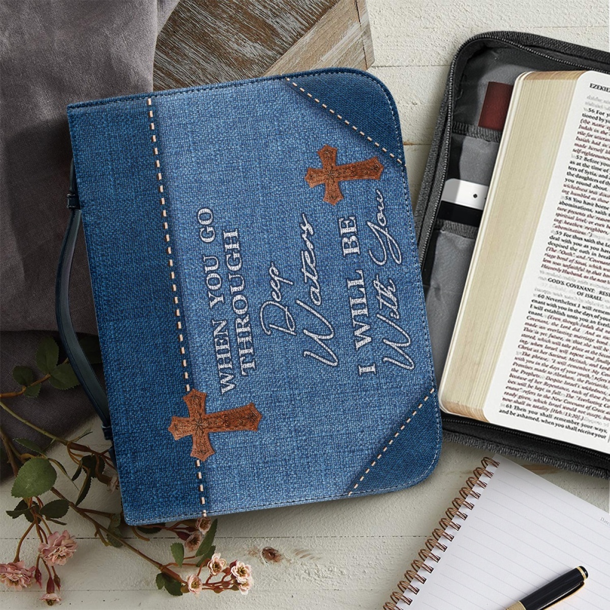 X Large Personalized Bible Cover - Engraved When You Go Through Deep Waters I Will Be with You (Isaiah 43:2)