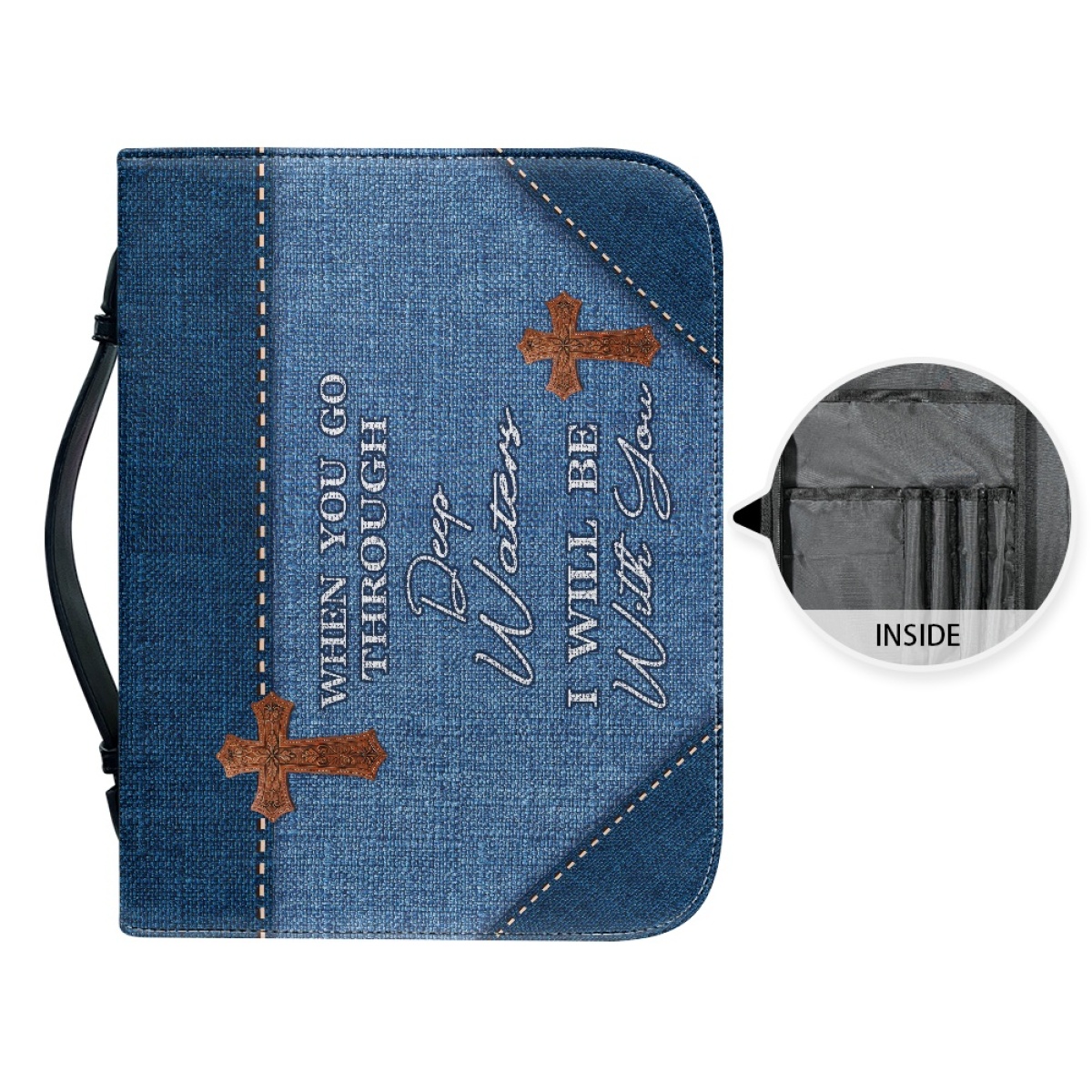 X Large Personalized Bible Cover - Engraved When You Go Through Deep Waters I Will Be with You (Isaiah 43:2)