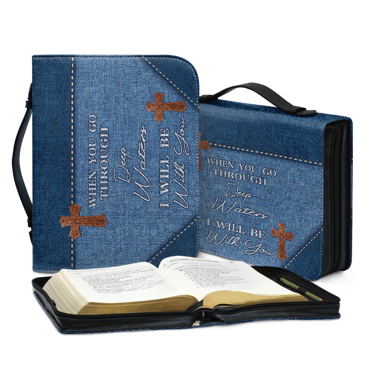 X Large Personalized Bible Cover - Engraved When You Go Through Deep Waters I Will Be with You (Isaiah 43:2)