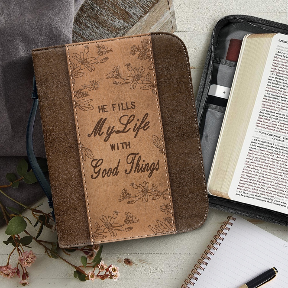 Extra Large Bible Cover - Engraved He Fills My Life with Good Things (Psalm 103:5)