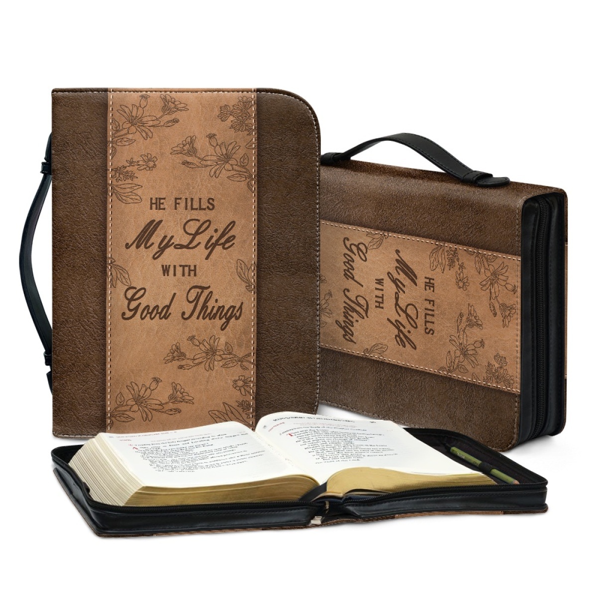 Extra Large Bible Cover - Engraved He Fills My Life with Good Things (Psalm 103:5)
