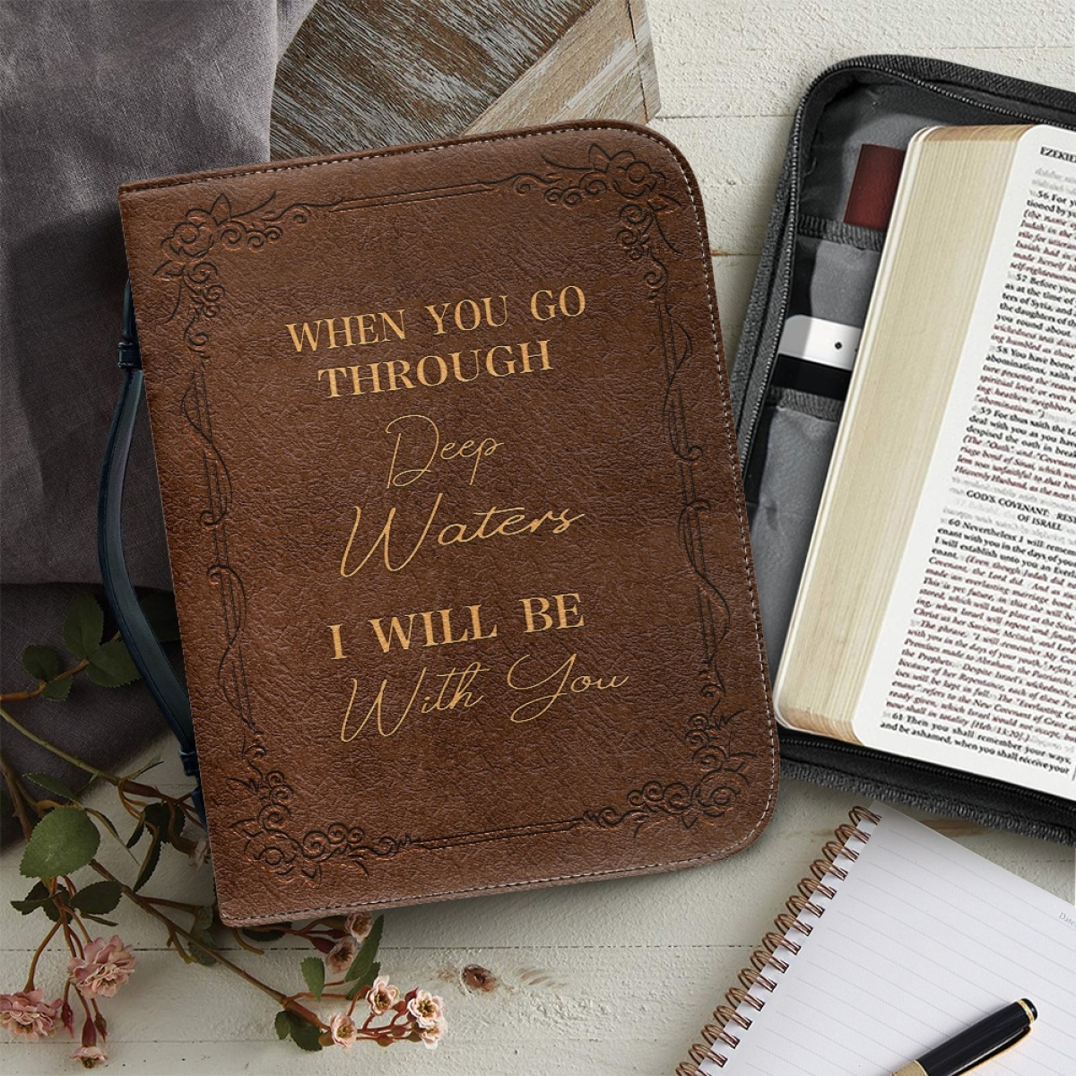 Standard & Medium Bible Cover - Engraved When You Go Through Deep Waters I Will Be with You (Isaiah 43:2) 