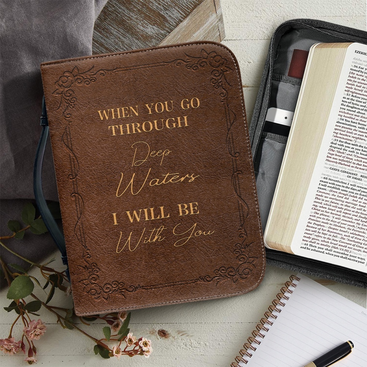 Standard & Medium Bible Cover - Engraved When You Go Through Deep Waters I Will Be with You (Isaiah 43:2) 