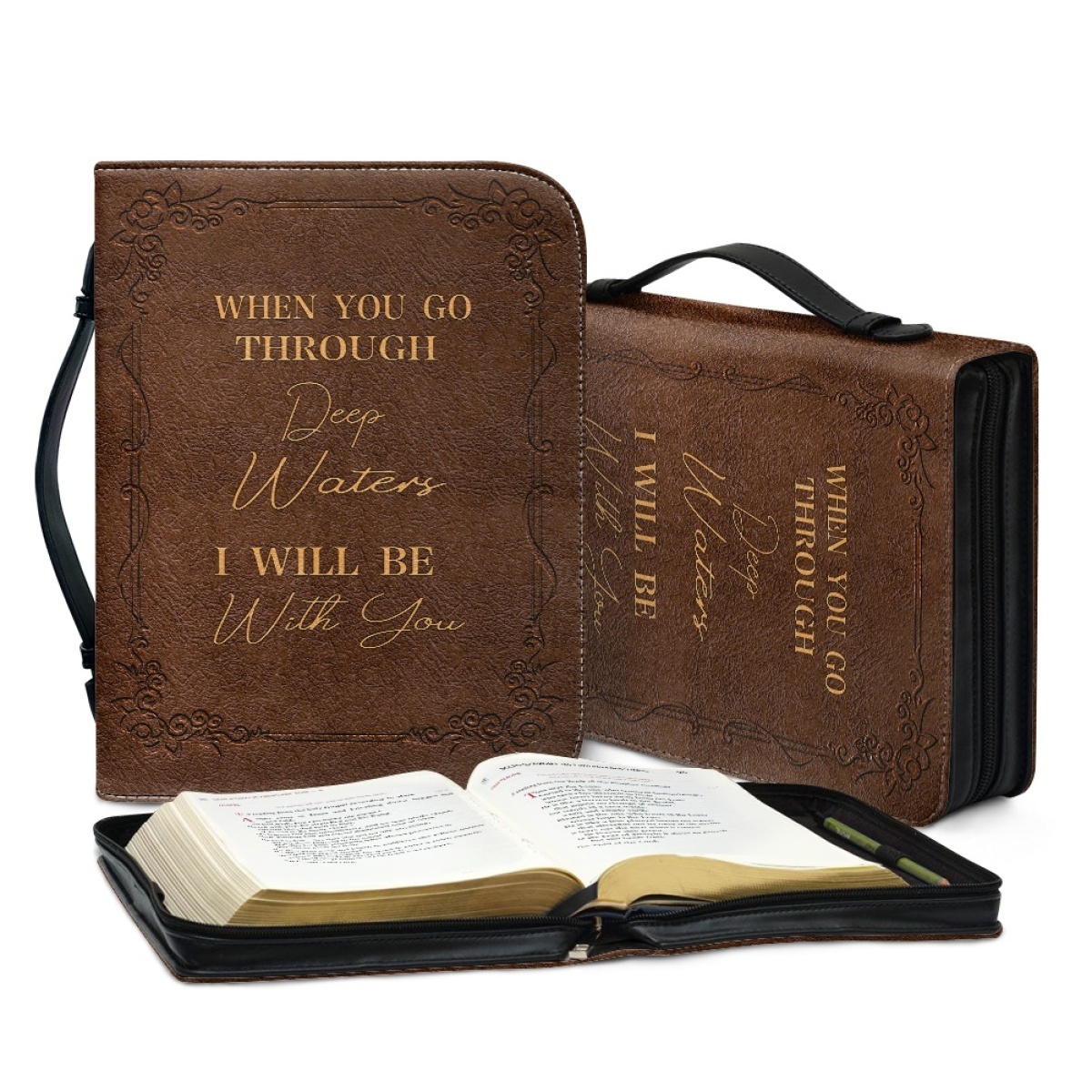 Standard & Medium Bible Cover - Engraved When You Go Through Deep Waters I Will Be with You (Isaiah 43:2) 