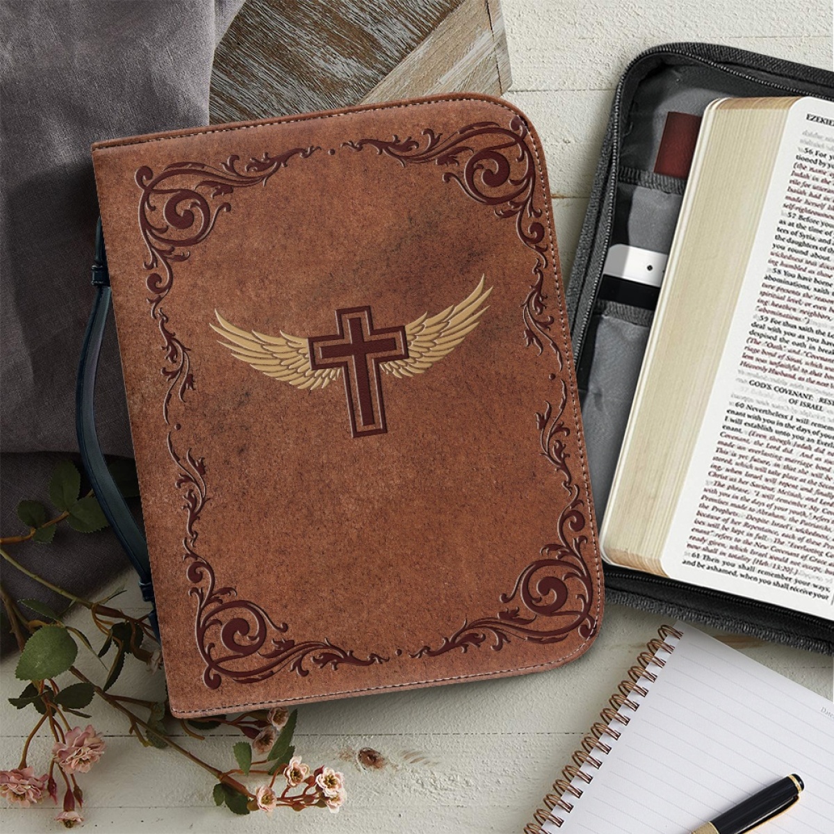 XX Large Leather Bible Cover - Engraved Cross and Wings | Extra Extra Large Bible Covers for Ministry & Family Legacy