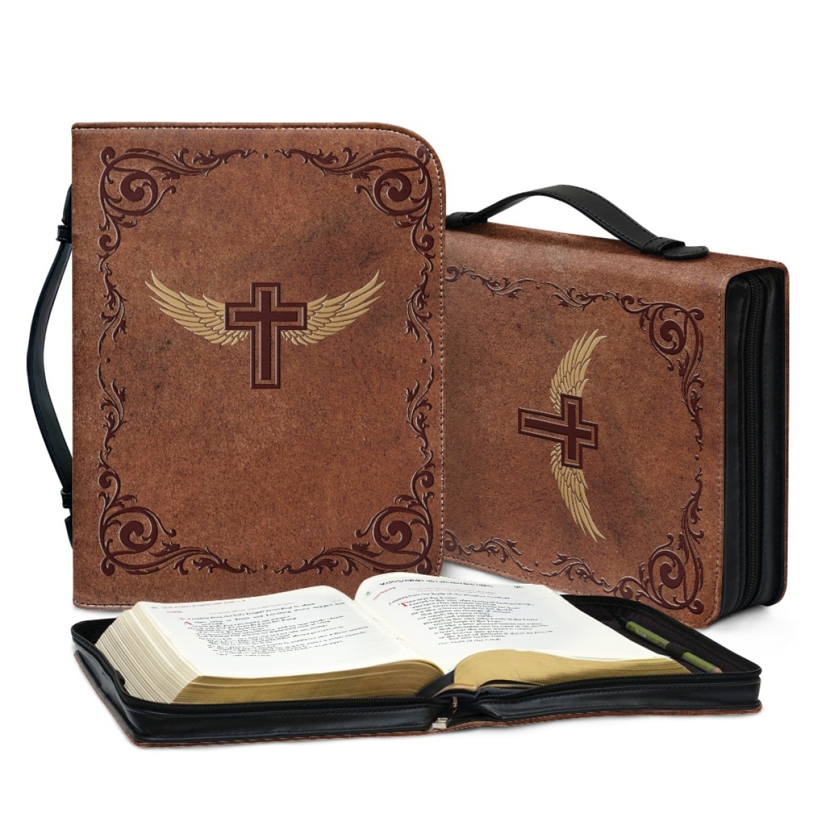 XX Large Leather Bible Cover - Engraved Cross and Wings | Extra Extra Large Bible Covers for Ministry & Family Legacy
