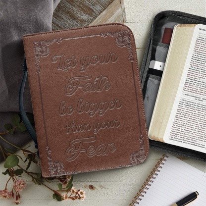 Medium Leather Bible Cover - Engraved Let Your Faith Be Bigger Than Your Fear | Bold Faith, Fearless Living