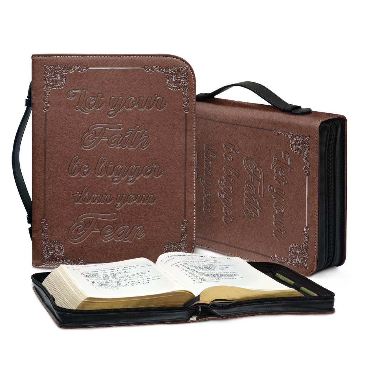 Medium Leather Bible Cover - Engraved Let Your Faith Be Bigger Than Your Fear | Bold Faith, Fearless Living