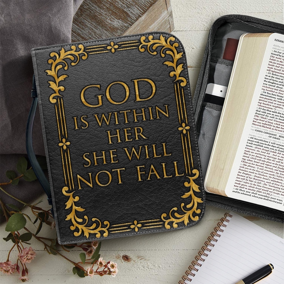 Large PU Leather Bible Cover for Women - Engraved God Is Within Her, She Will Not Fall (Psalm 46:5)