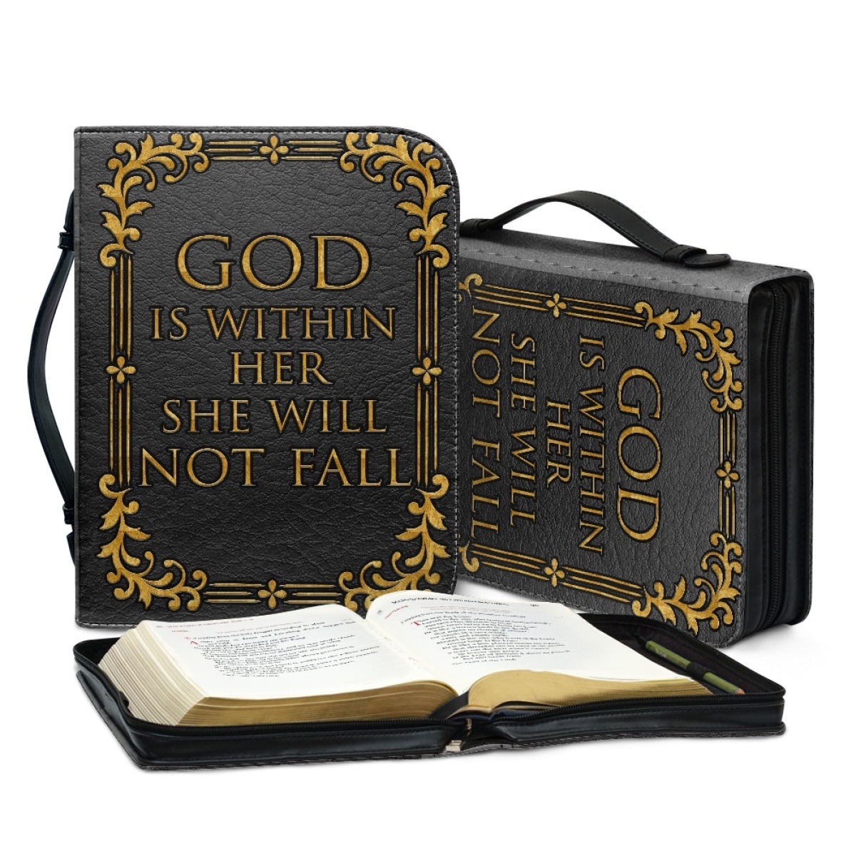 Large PU Leather Bible Cover for Women - Engraved God Is Within Her, She Will Not Fall (Psalm 46:5)