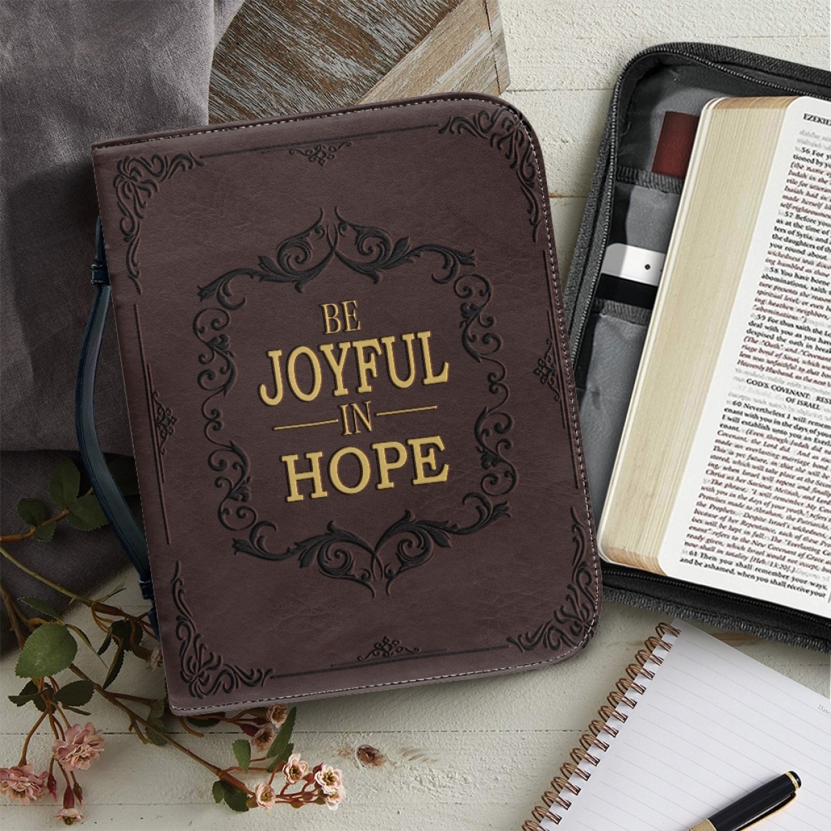 X Large Leather Bible Cover - Engraved Be Joyful in Hope (Romans 12:12)