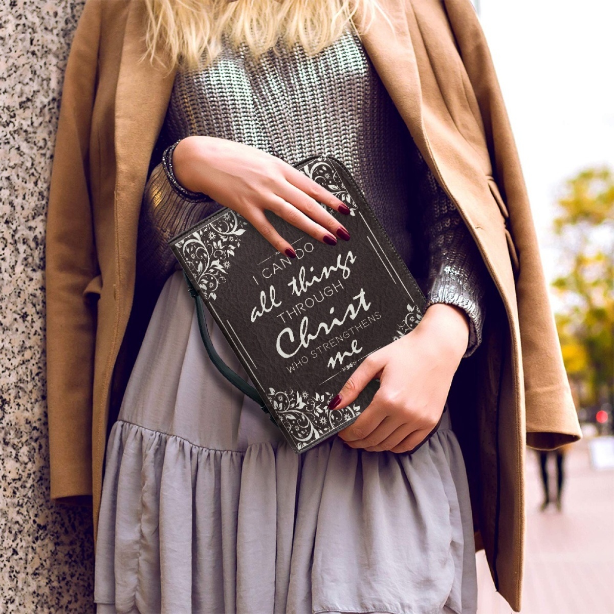 PU Leather Large Bible Cover for Women - Engraved I Can Do All Things Through Christ Who Strengthens Me (Philippians 4:13)