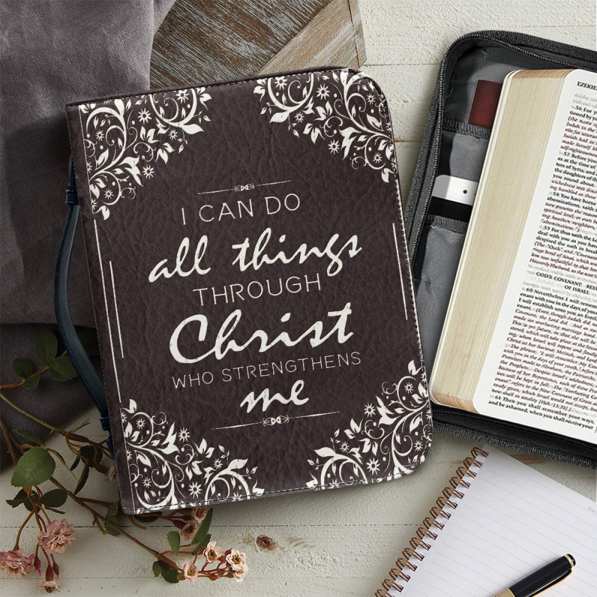 PU Leather Large Bible Cover for Women - Engraved I Can Do All Things Through Christ Who Strengthens Me (Philippians 4:13)