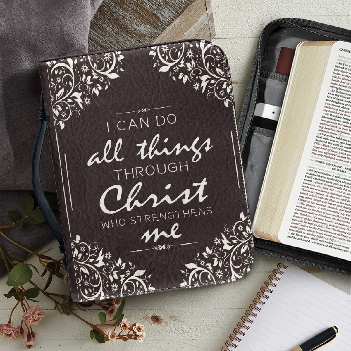 PU Leather Large Bible Cover for Women - Engraved I Can Do All Things Through Christ Who Strengthens Me (Philippians 4:13)