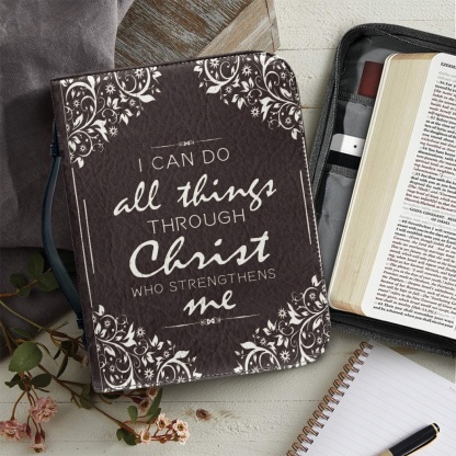PU Leather Large Bible Cover for Women - Engraved I Can Do All Things Through Christ Who Strengthens Me (Philippians 4:13)