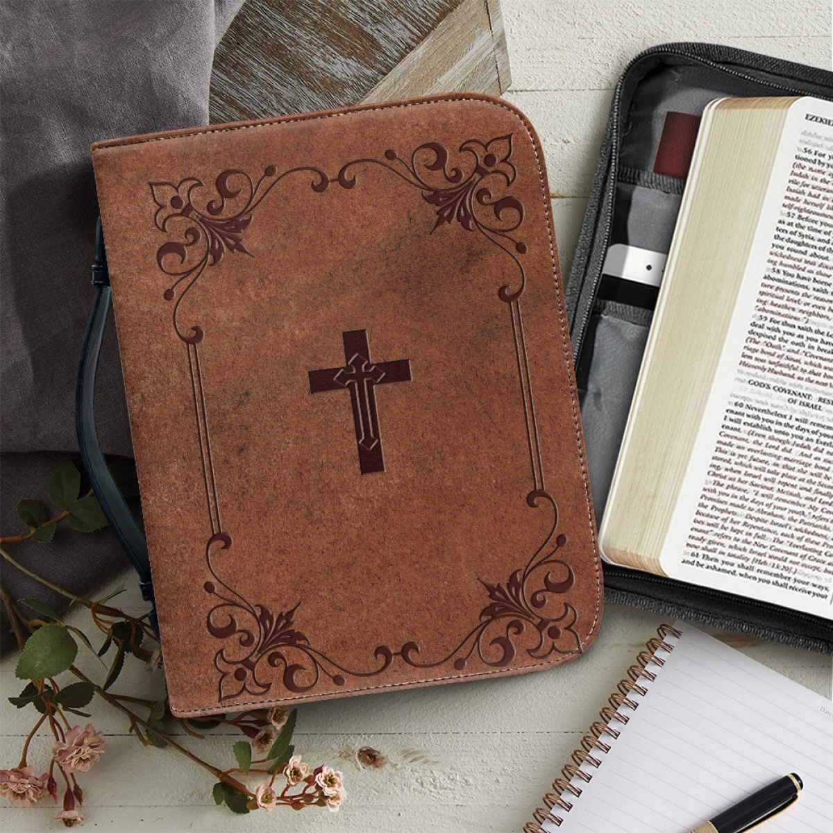 Custom Leather Bible Cover for Men - Embossed Cross Design | Rugged Faith & Timeless Symbolism