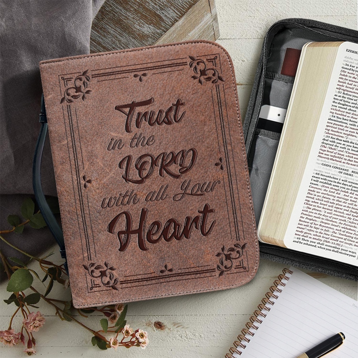 Custom Leather Bible Cover for Men - Engraved Trust in the Lord with All Your Heart (Proverbs 3:5)