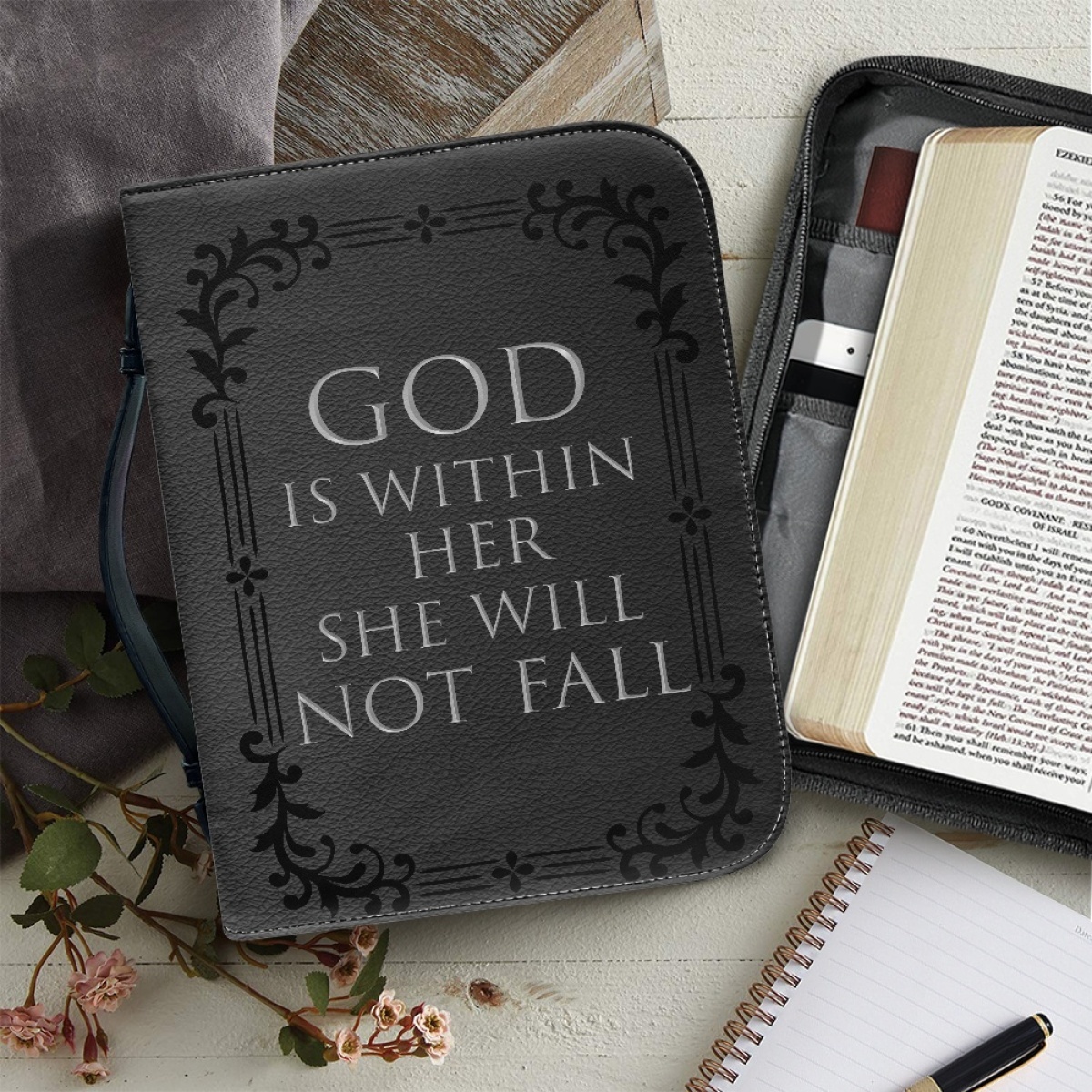 Custom Leather Bible Cover for Women - Engraved God Is Within Her, She Will Not Fall (Psalm 46:5)