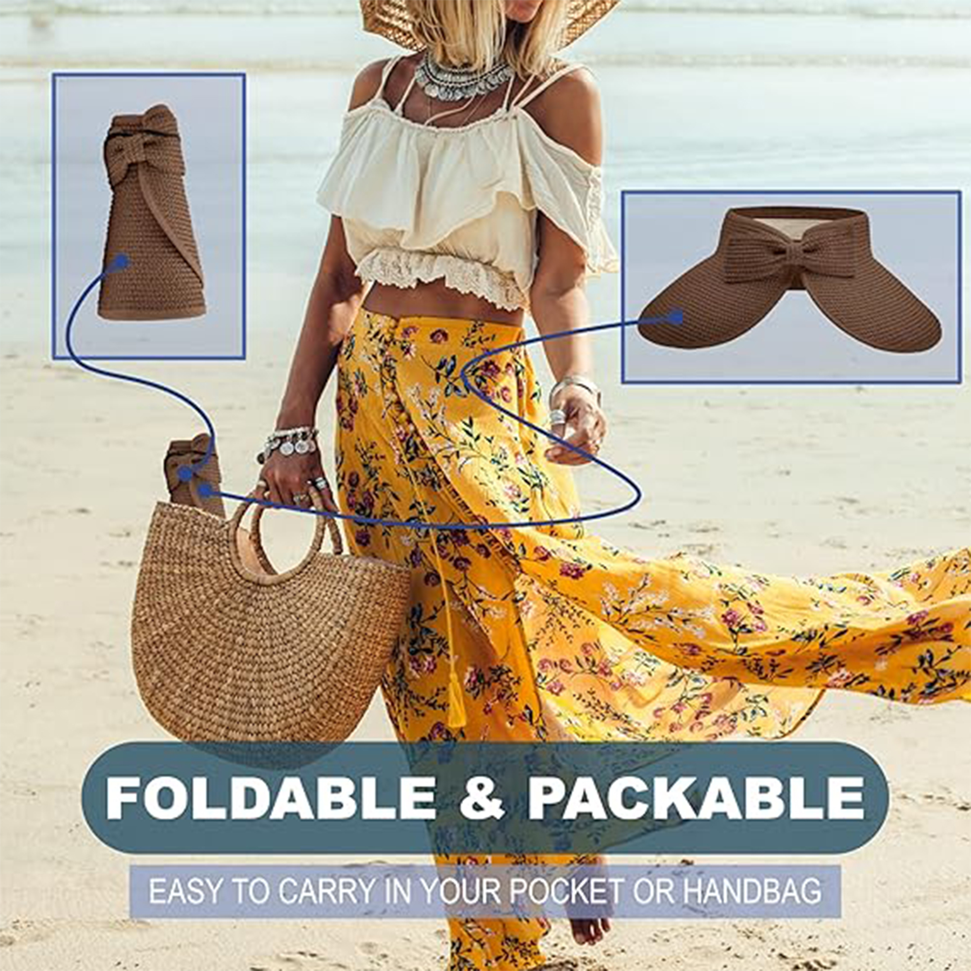 Women's Foldable Wide Brim Sun Visor Hats for Summer.