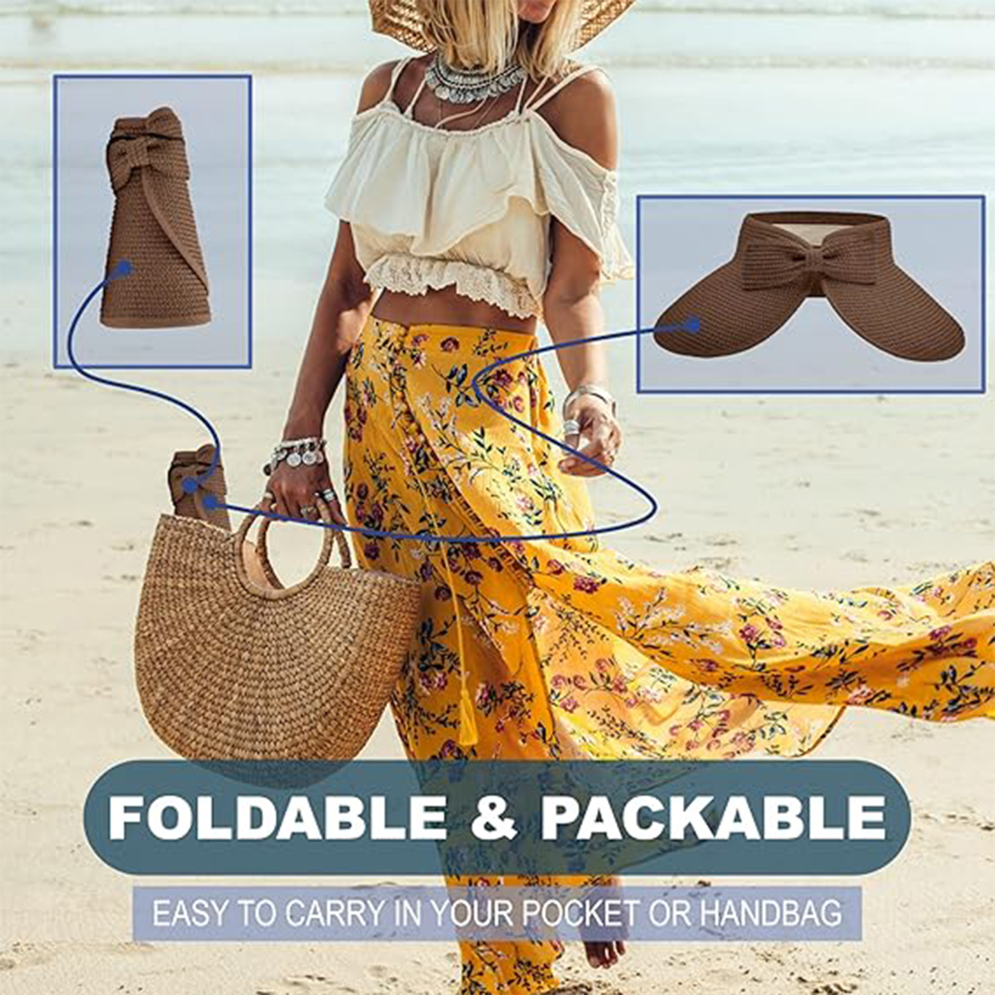 Women's Foldable Wide Brim Sun Visor Hats for Summer.