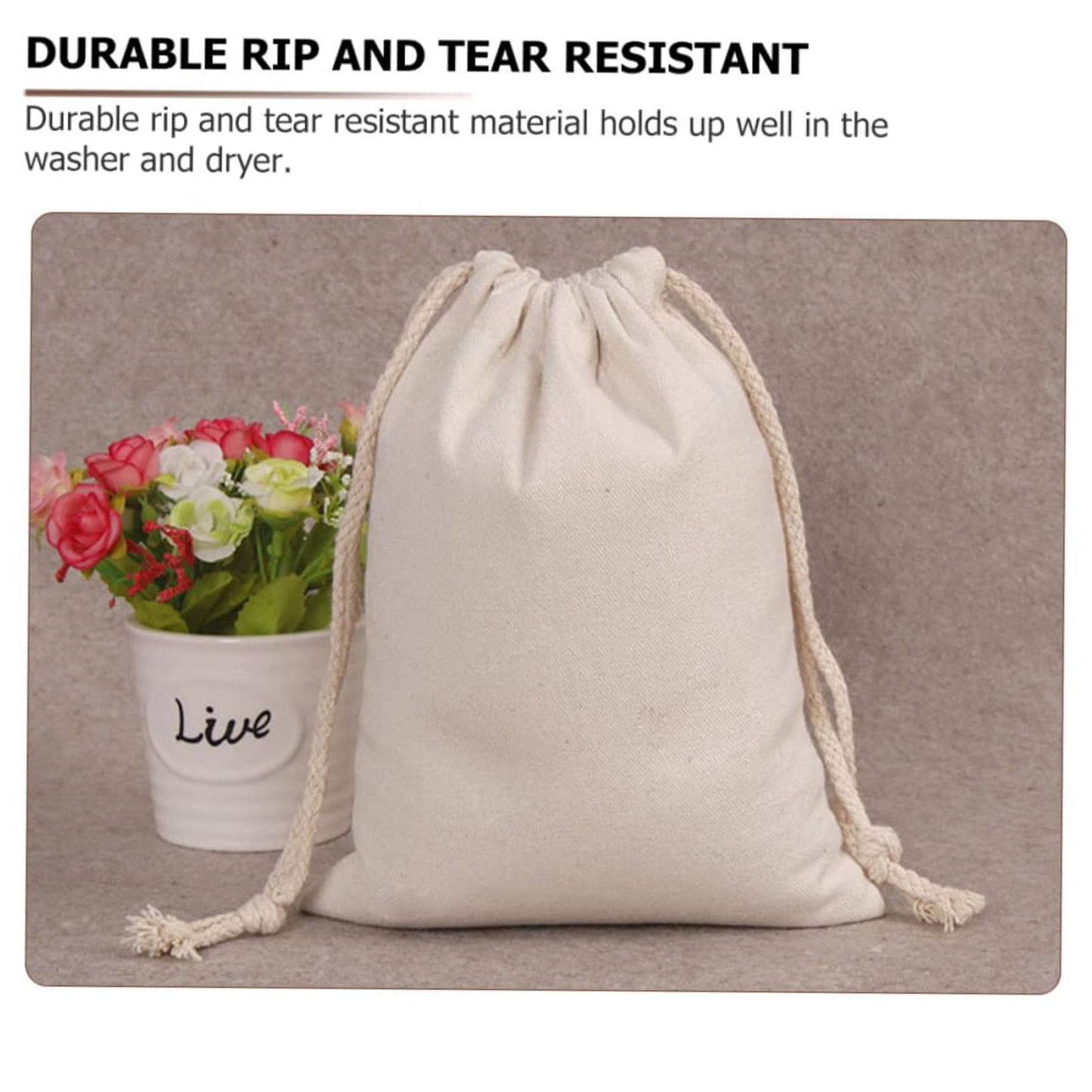 Canvas bags with drawstrings.