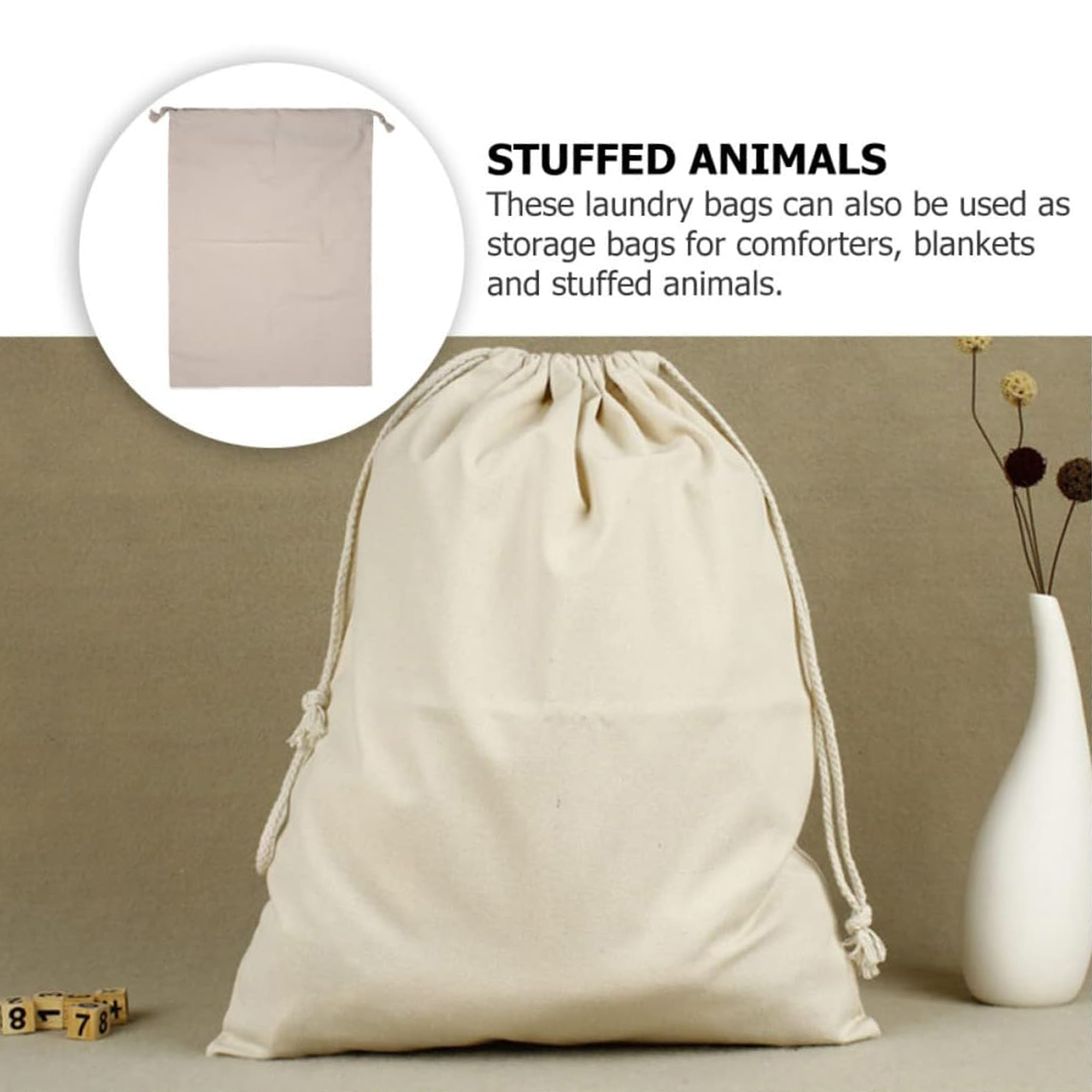 Canvas bags with drawstrings.