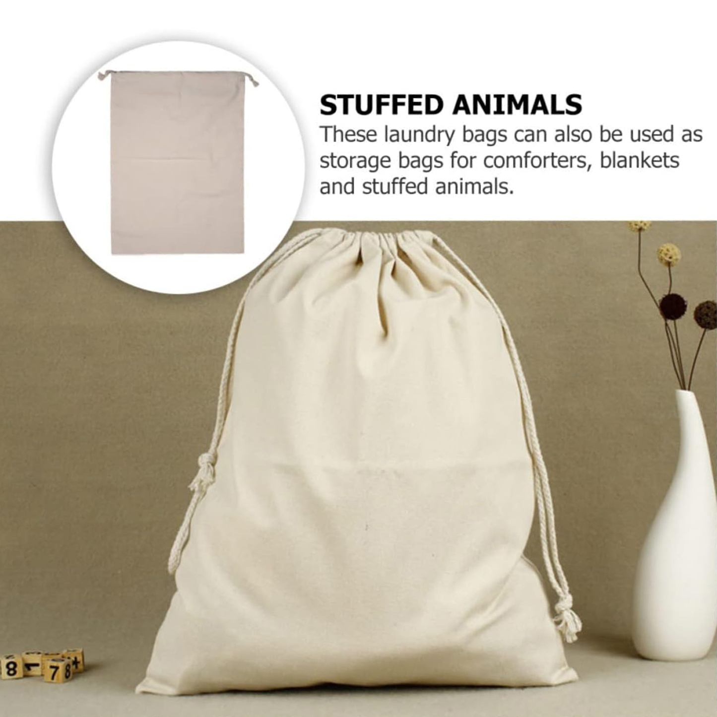 Canvas bags with drawstrings.