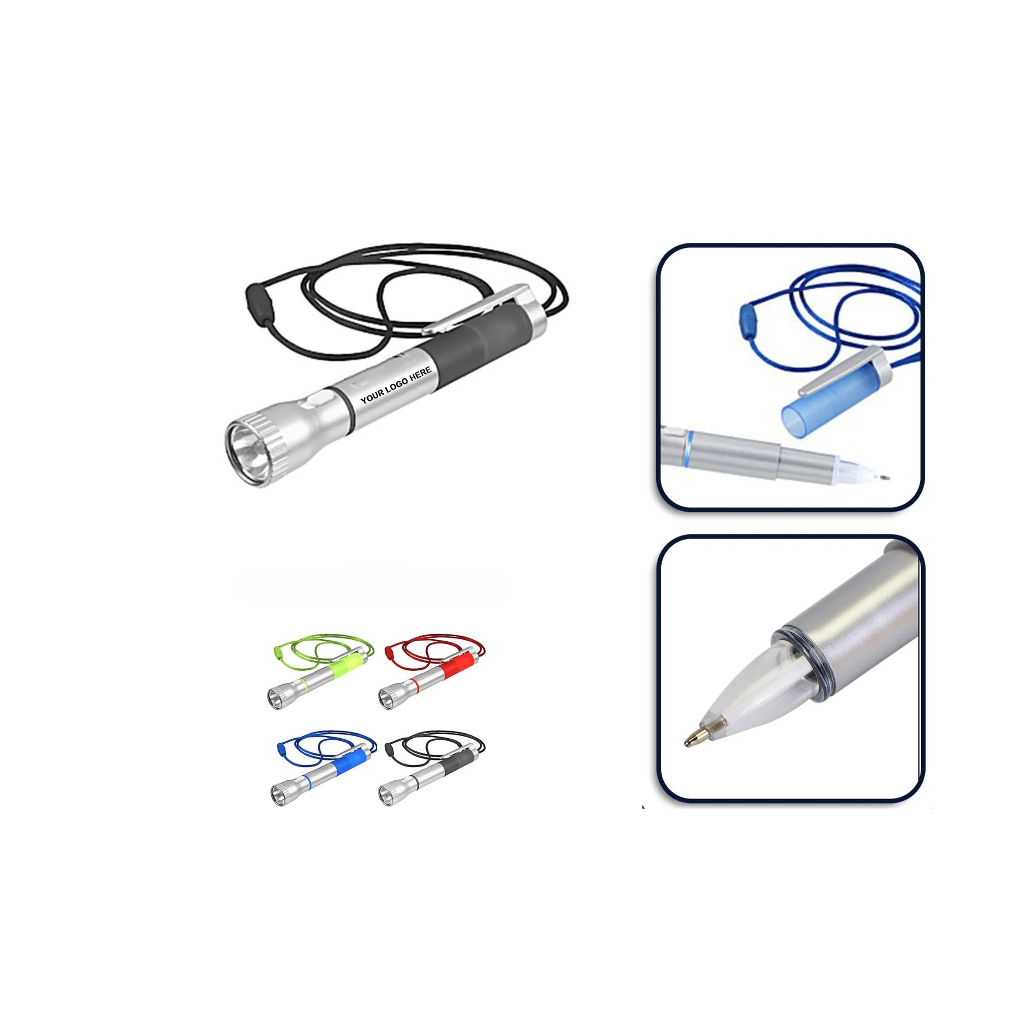 Flashlight with Pen and Attached Lanyard