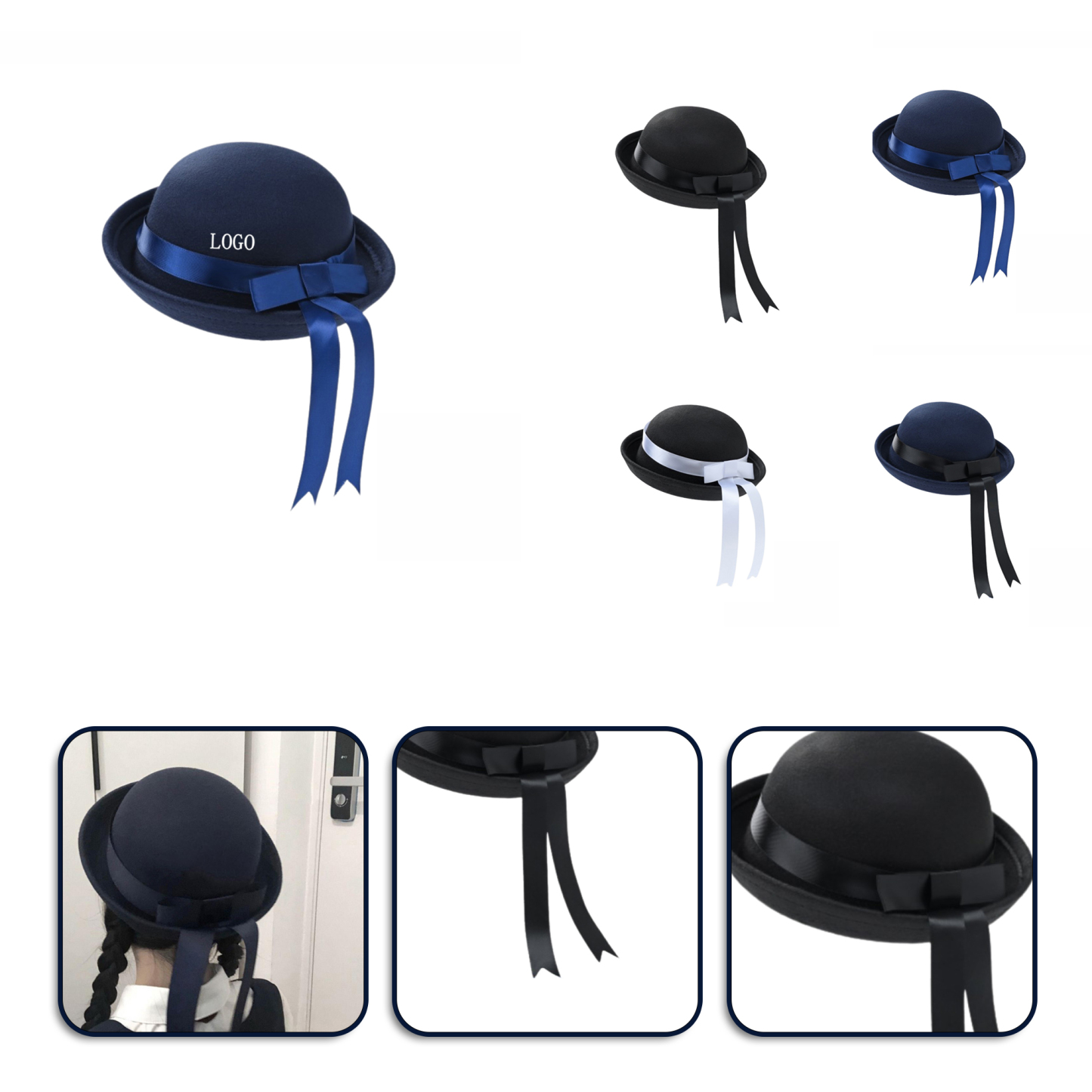 Japanese Style Round Woolen Hat with Ribbon. 22.0"