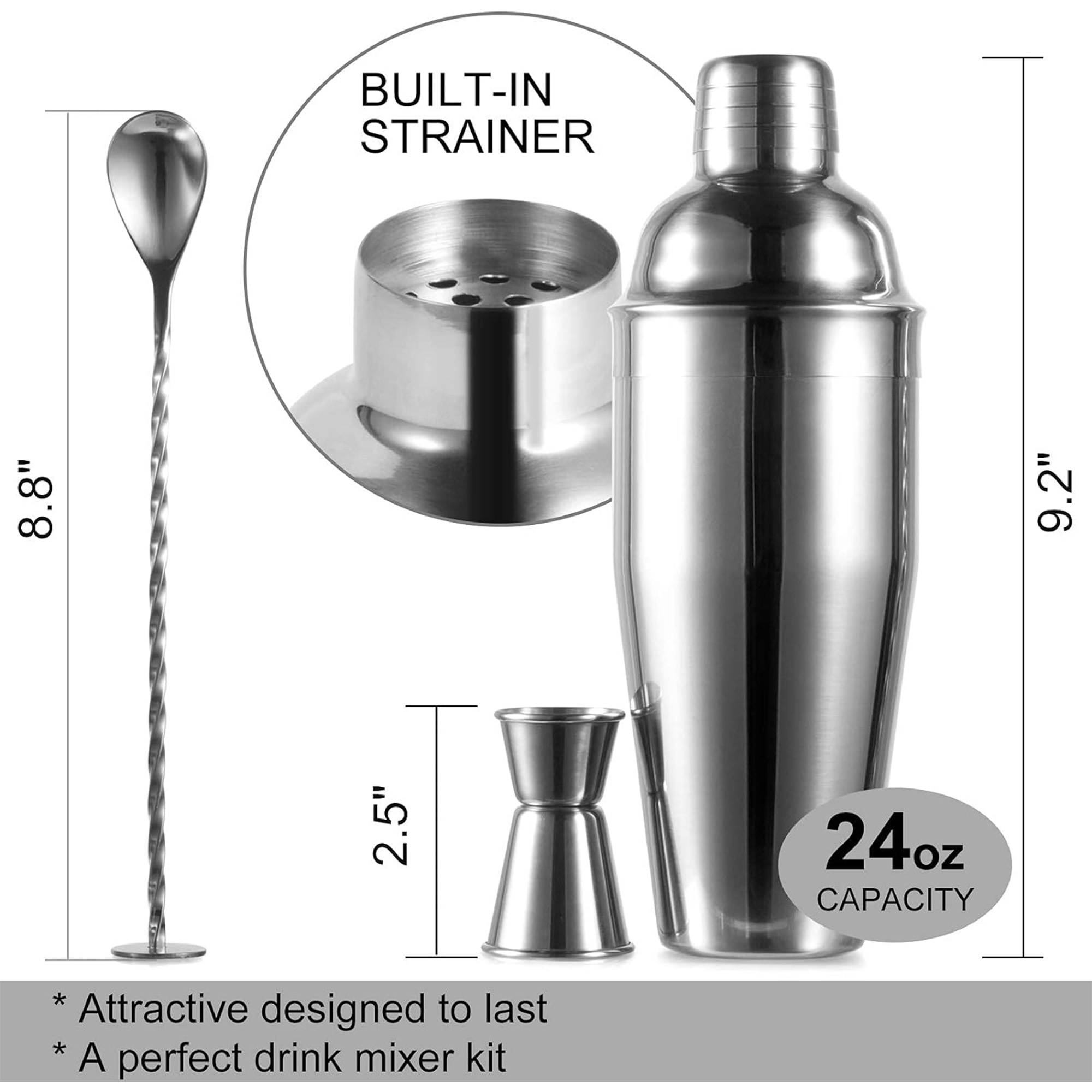 24oz Cocktail Shaker Set with 2-Piece Jigger and Spoon