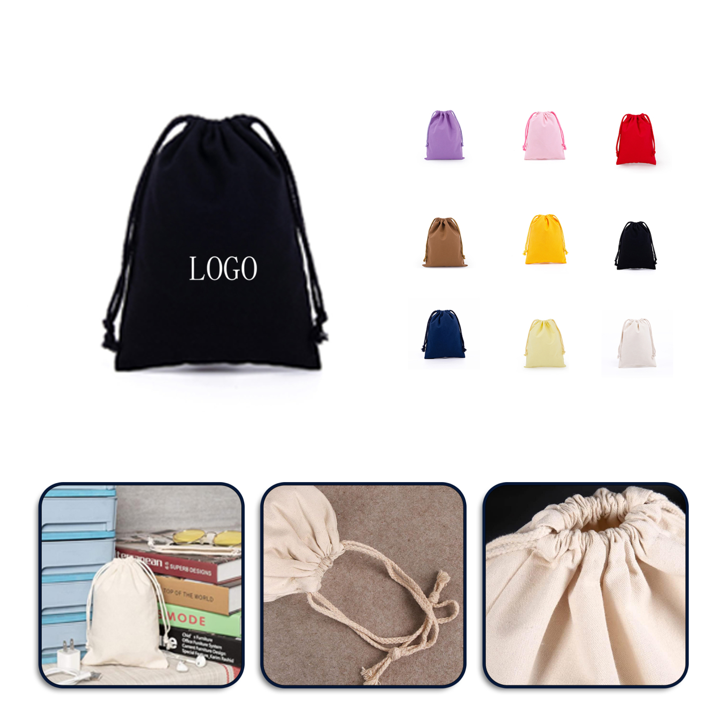 Canvas bags with drawstrings.