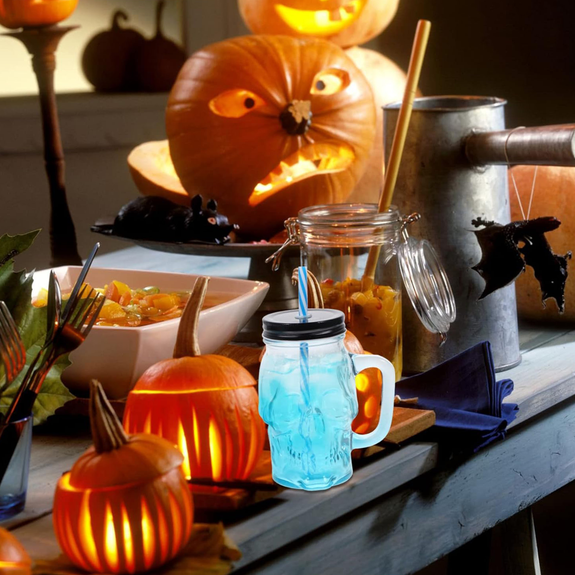 18oz Skull Rooster Glass with Lid and Straw