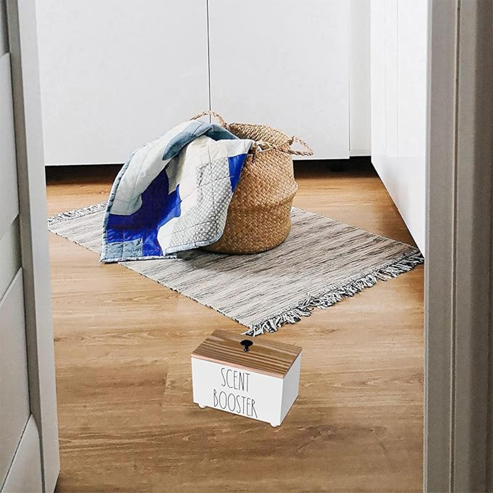 Wooden storage box for laundry room and bathroom tampon organizer. 5.5" x 5.5" x 8.7"