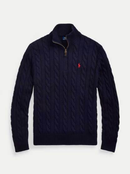   - Cable-Knit Cotton Sweater With Zipper Blue