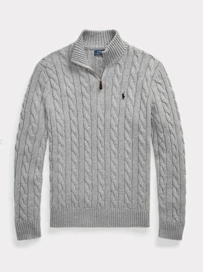   - Cable-Knit Cotton Sweater With Zipper Grey