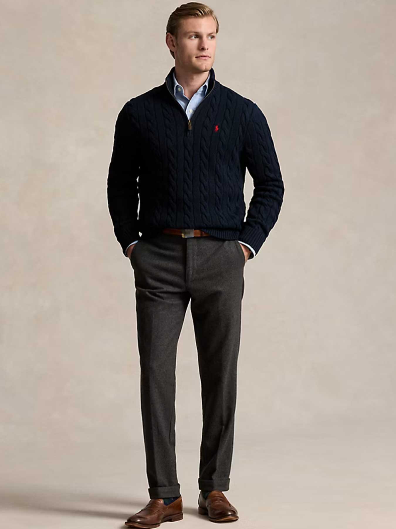   - Cable-Knit Cotton Sweater With Zipper Blue