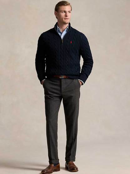   - Cable-Knit Cotton Sweater With Zipper Blue