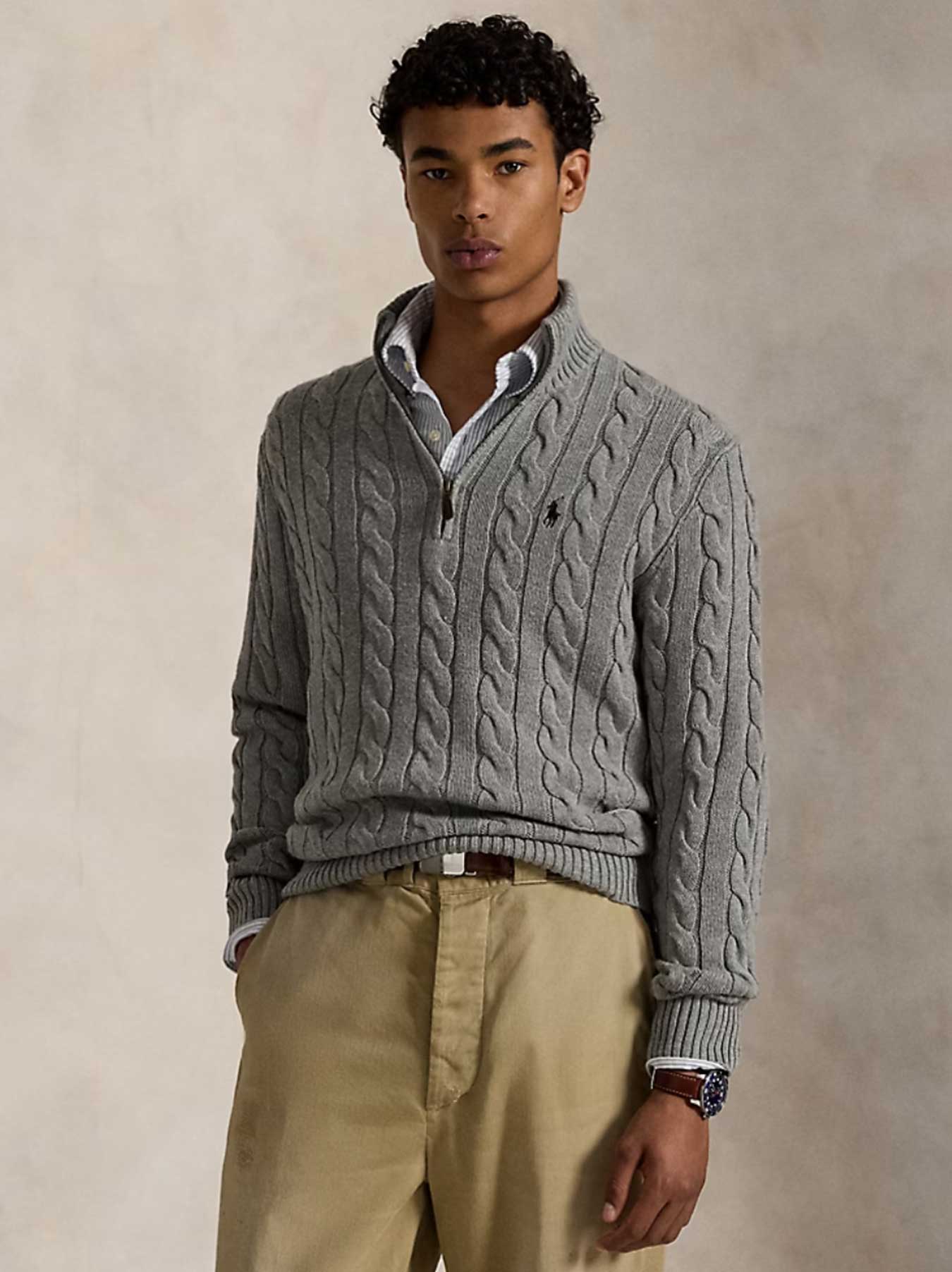   - Cable-Knit Cotton Sweater With Zipper Grey