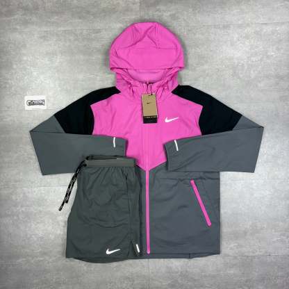 Nike Playful Pink UV Windbreaker & Grey Flex Stride Shorts Set